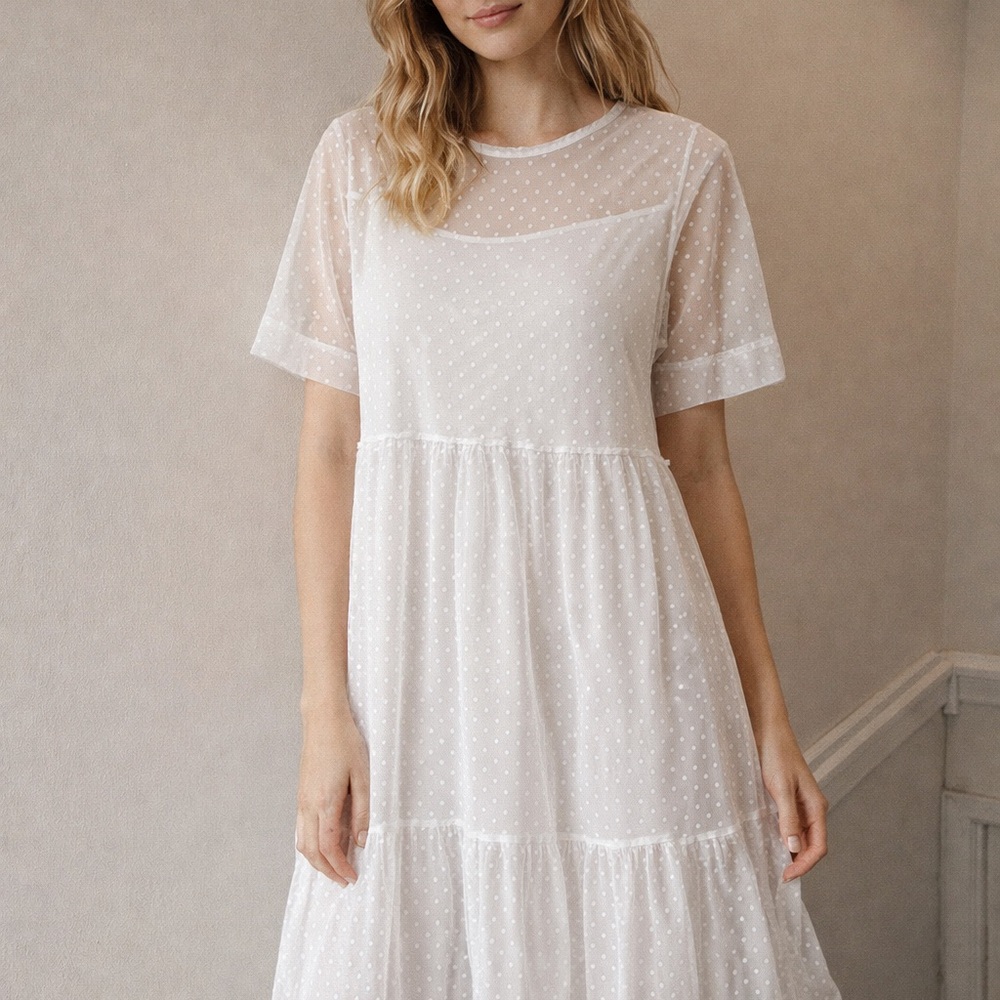 White polka dot Short Sleeve Sheer Midi Dress